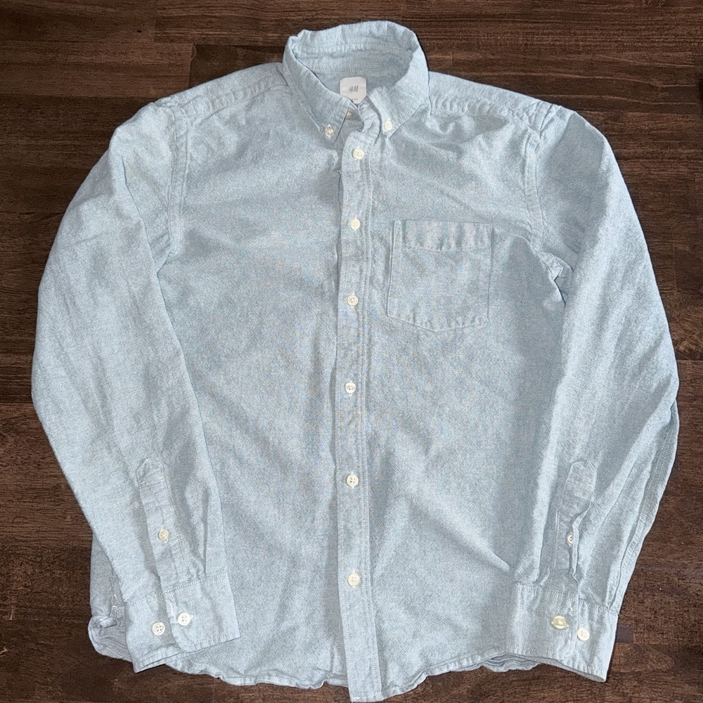 H&M Light Green Button Down Men's Small Cotton Casual